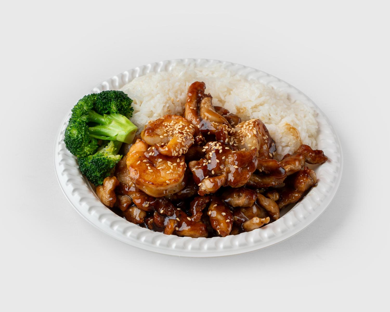 Sesame Shrimp and Chicken with Rice at May Luck Garden, Chinese Restaurant in Woodside